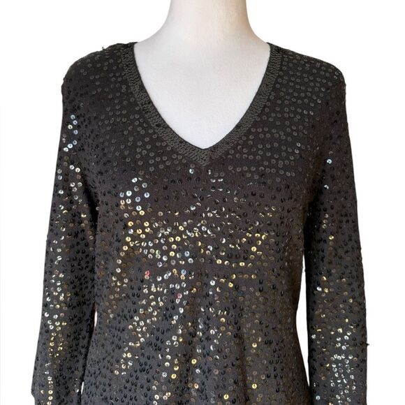 Talbots Black Sequin Sweater V Neck 3/4 Sleeve Silk Cashmere Blend Womens Small - Picture 4 of 11